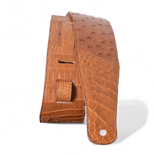 Tan Ostrich & Alligator Guitar Strap - 3" Wide