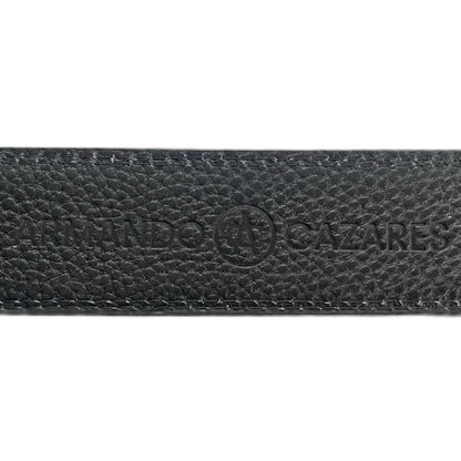 Armando Cazares logo stamped on full grain leather belt.
